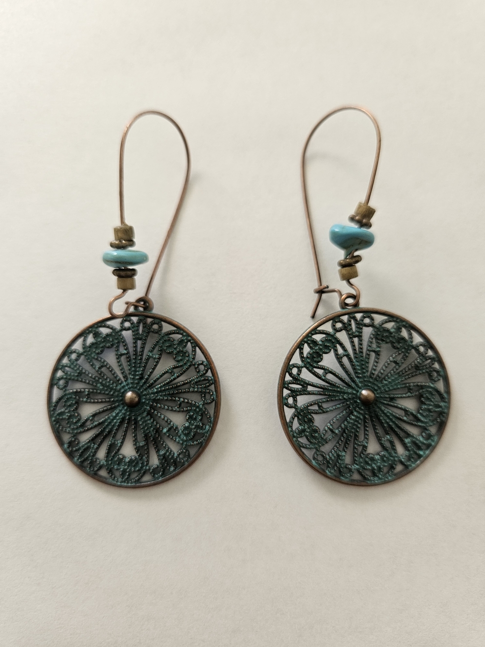 Turquoise Filigree Drop Earrings Blue Copper Western Feminine Handmade Festival - Picture 2 of 5